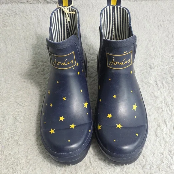 Joules Wellibob Navy Blue Yellow Star Print Ankle Rain Boots Women's 7 EU 38 NWT - Picture 2 of 7